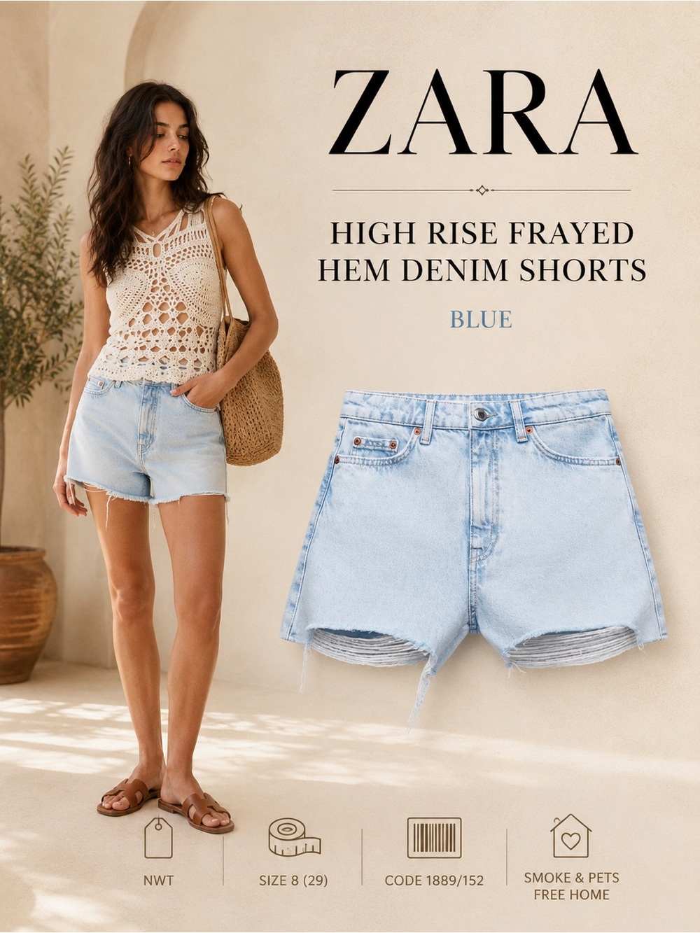ZARA Blue High Rise Frayed Hem Denim Shorts NWT Size 8 / 29
